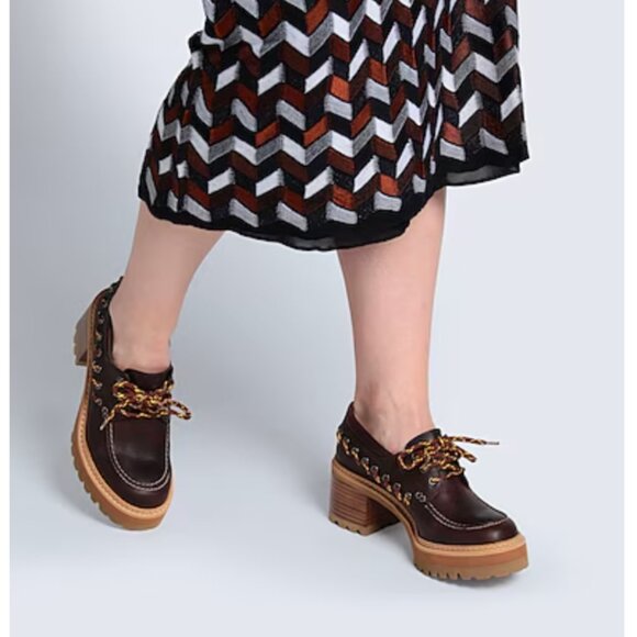 See By Chloe Leather Platform Lace Up Loafers Brown/Tan Size 8.5 New in Box - Picture 2 of 15